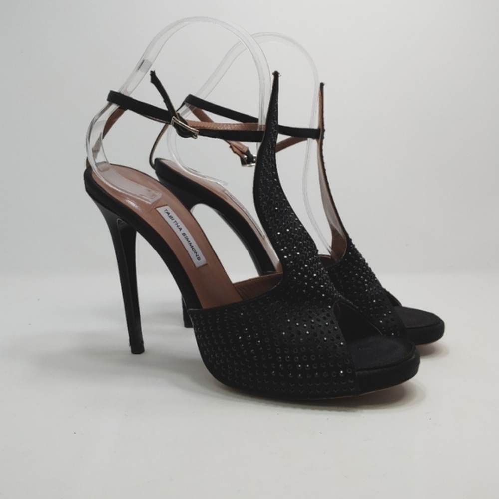 Tabitha Simmons Dulcina Black Silk Rhinestones Platform TStrap‎ Sandal EU40